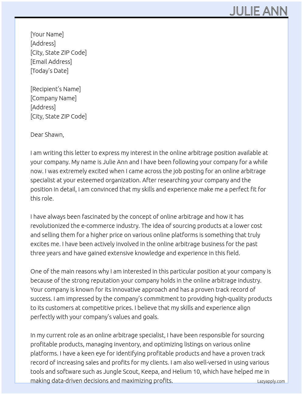 online arbitrage At Shawn Cover Letter