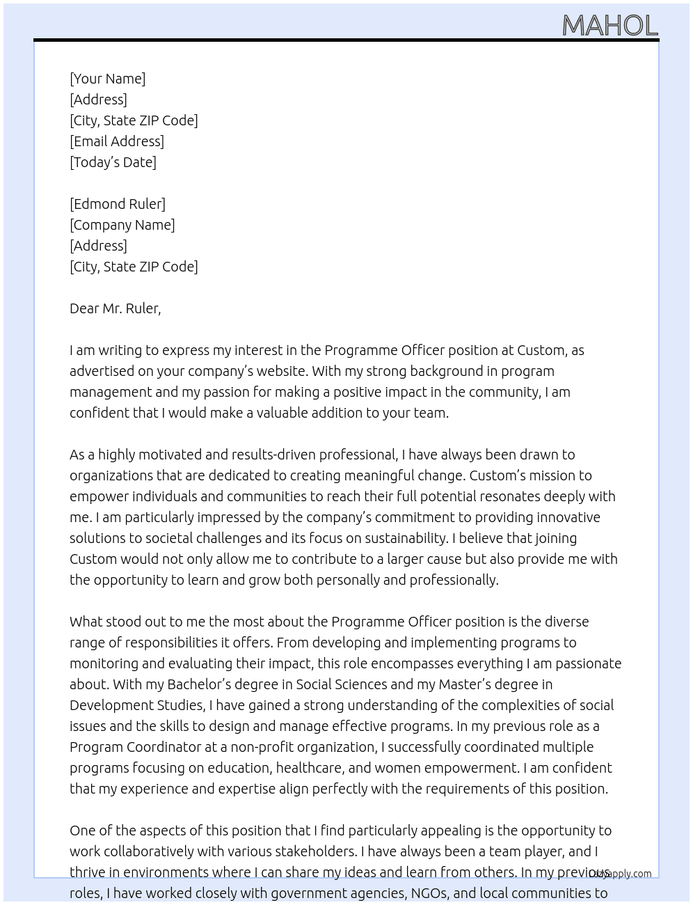 programme officer At Custom Cover Letter