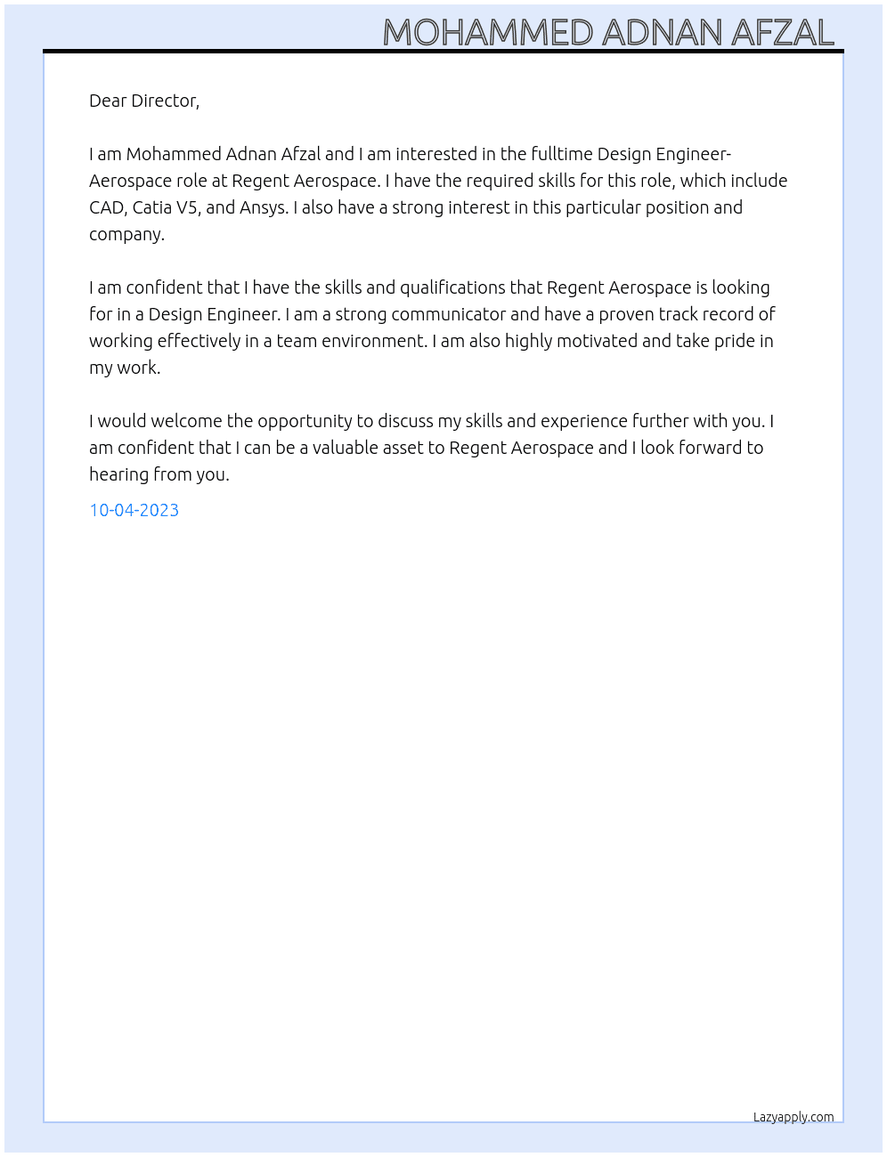 Design Engineer- Aerospace  At Regent Aerospace  Cover Letter