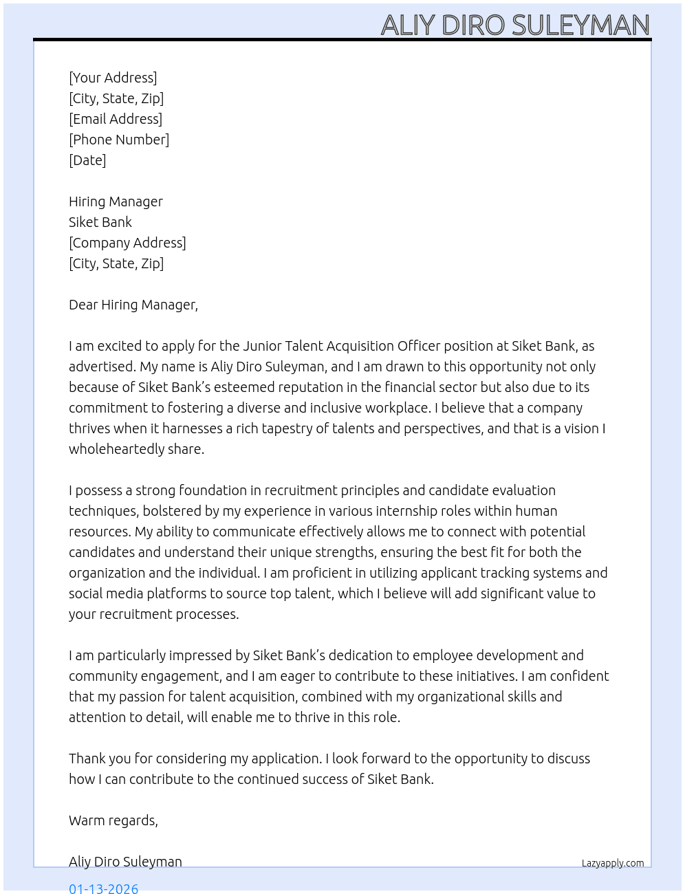 Junior talent acquisition officer At Siket Bank Cover Letter