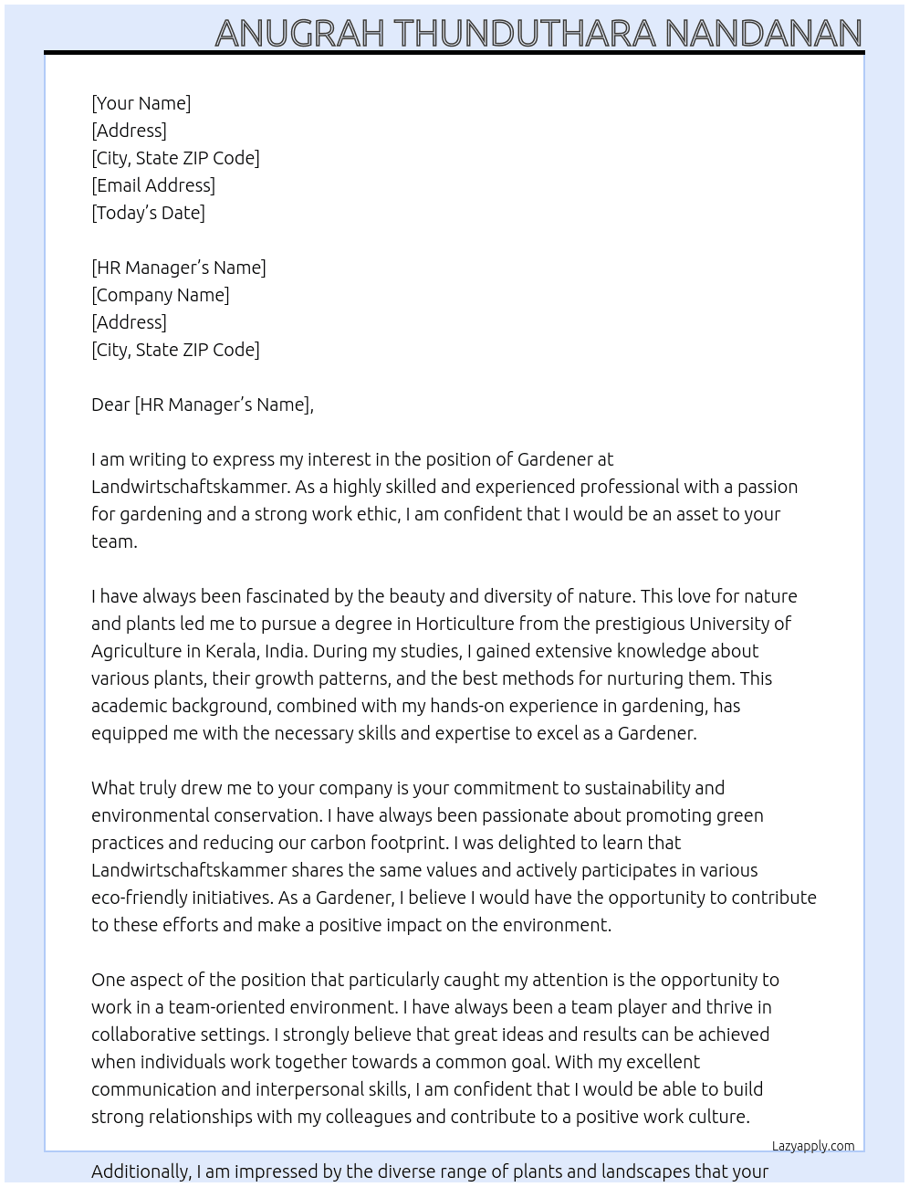 GARDENER At landwirtschaftskammer Cover Letter