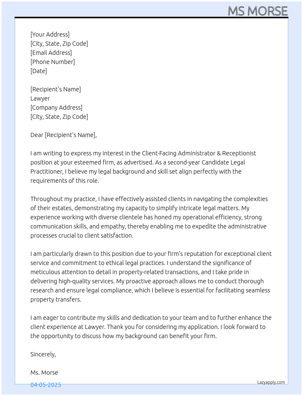 Client-Facing Administrator & Receptionist At lawyer Cover Letter