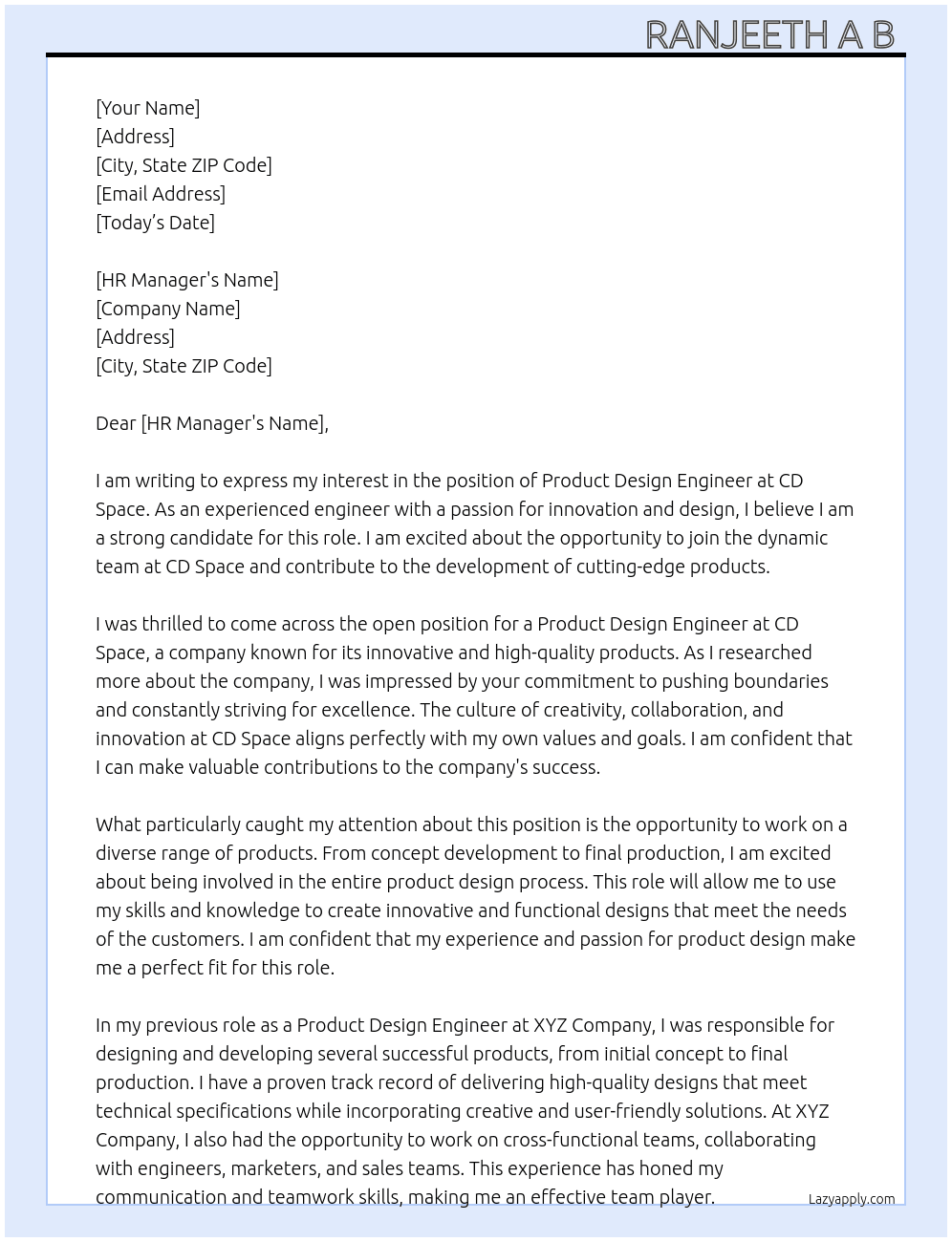 Product Design Engineer  At CD Space Cover Letter
