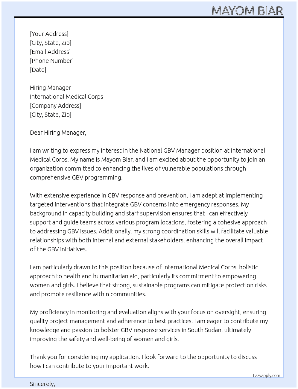 National GBV Manager At International Medical Corps Cover Letter