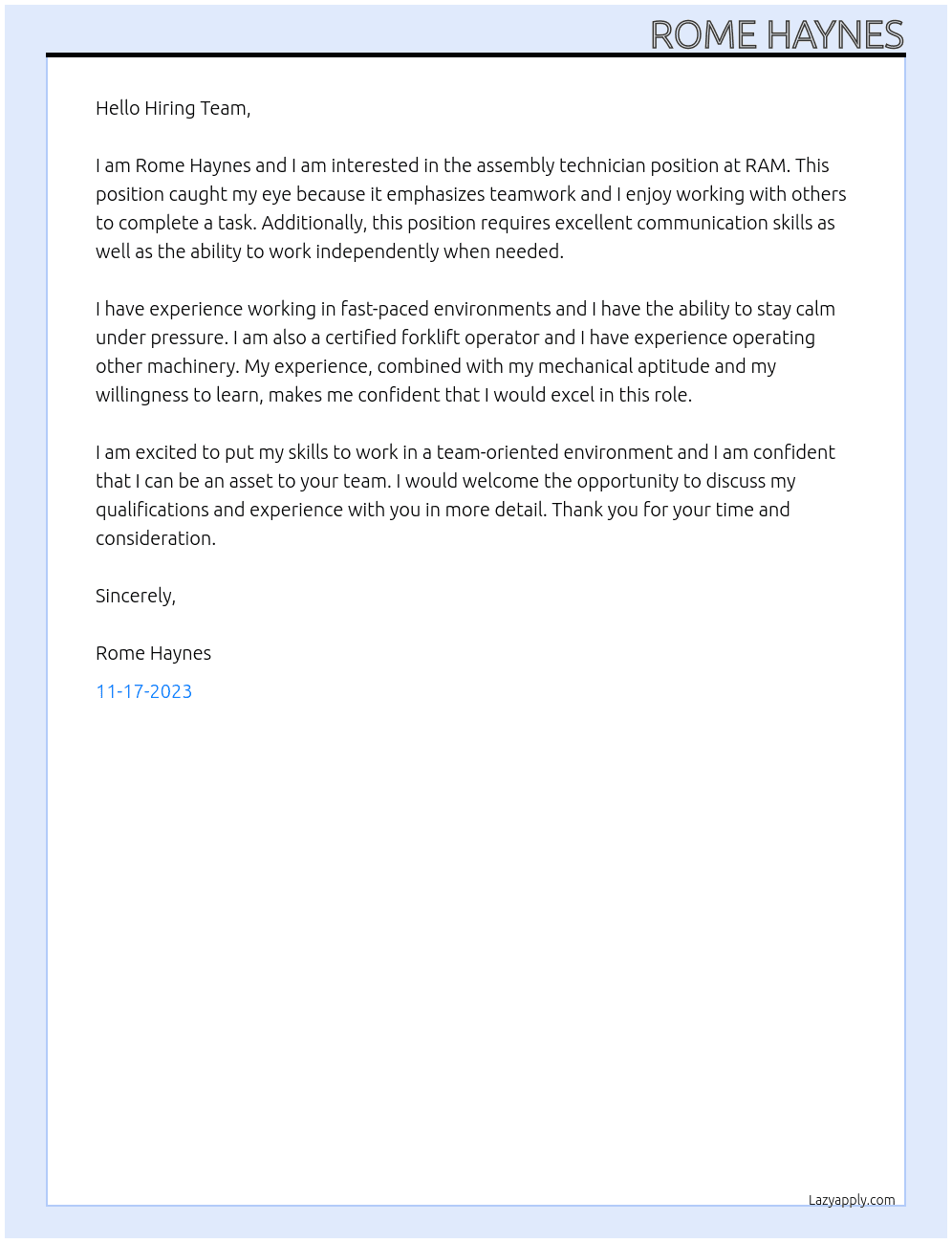Assembly technician At RAM Cover Letter
