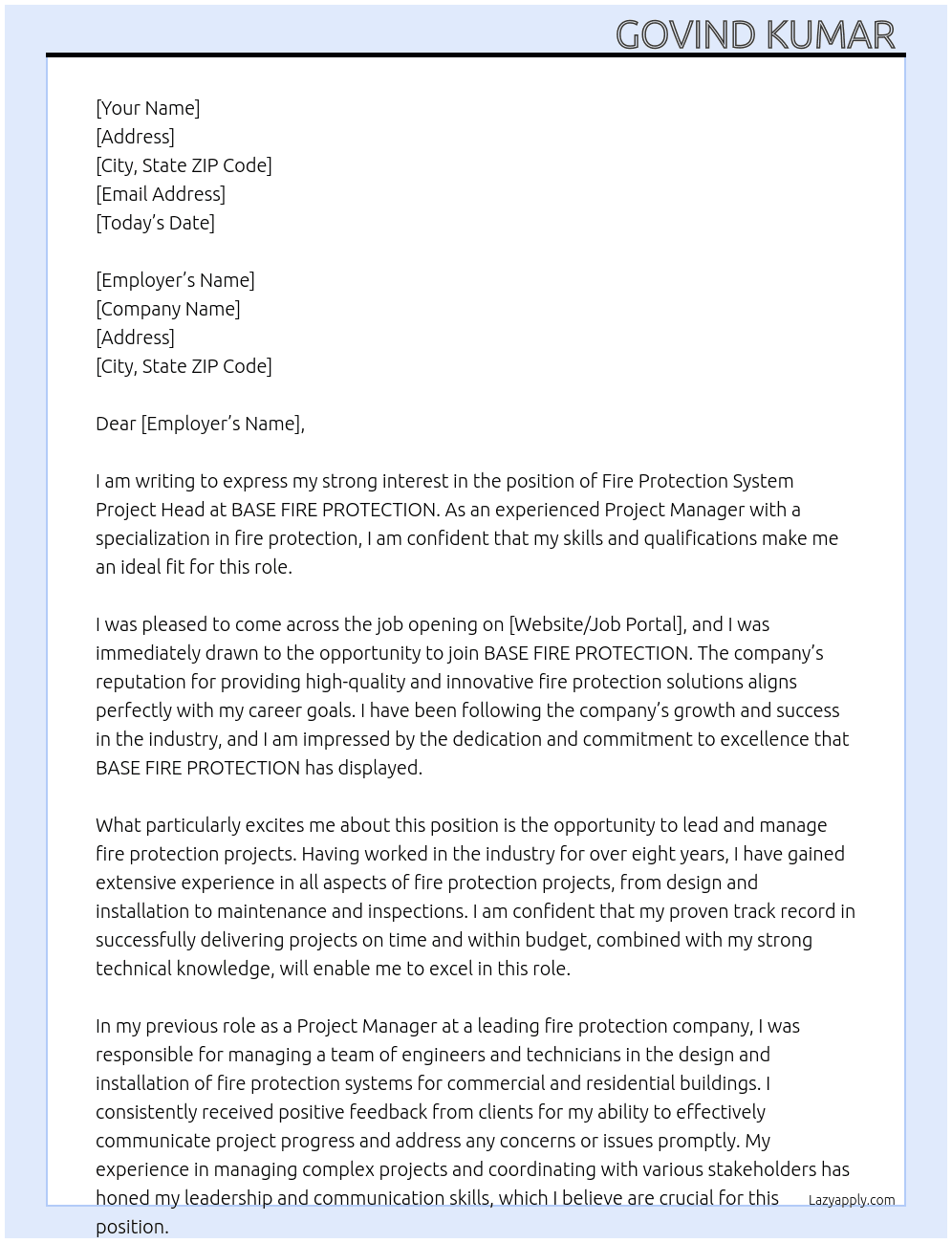 Fire Protection System Project Head  At BASE FIRE PROTECTION  Cover Letter