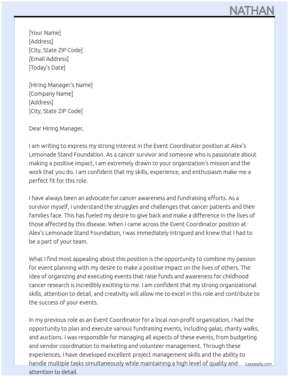 Event Coordinator At Alex's Lemonade Stand FOundation Cover Letter