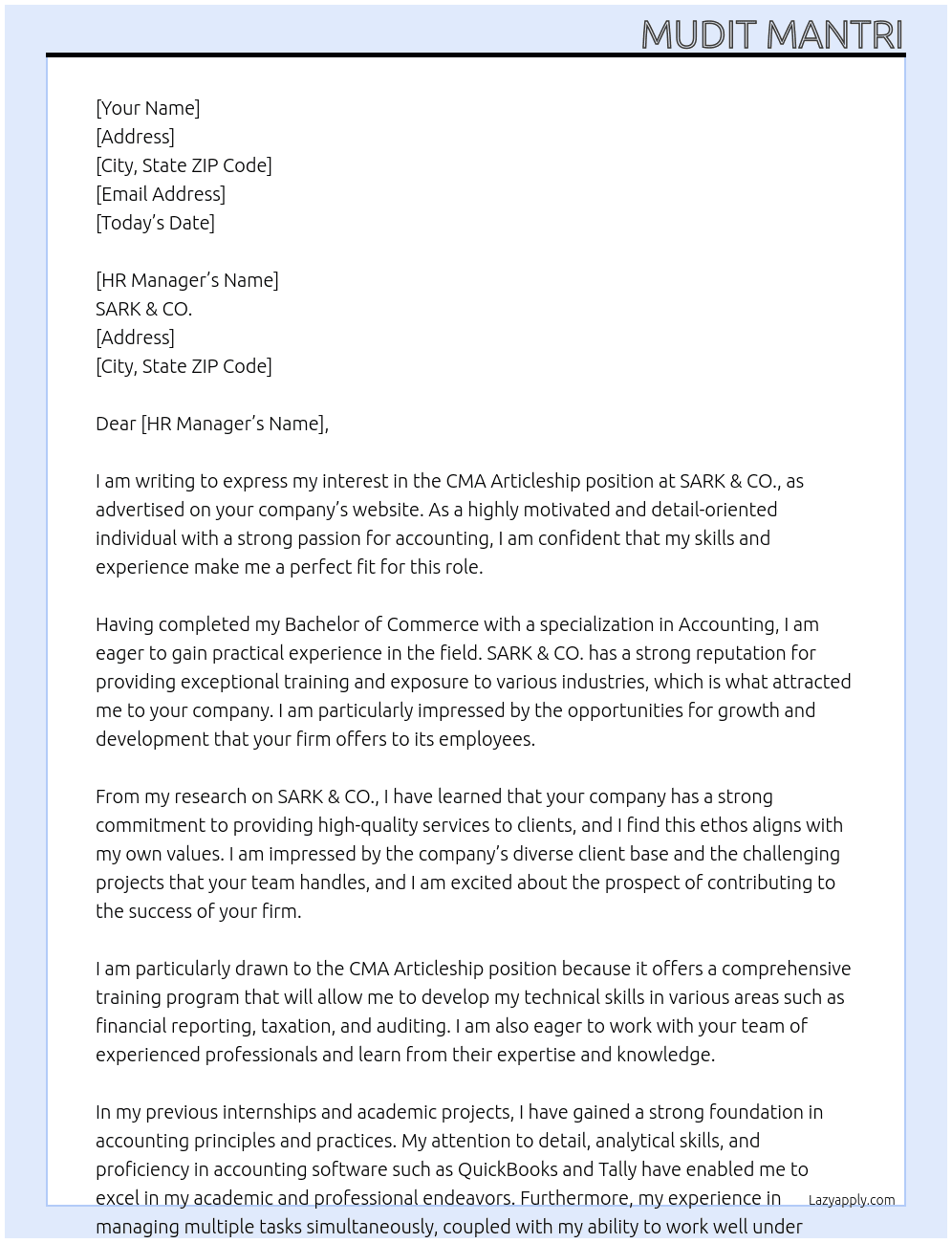 CMA Articleship At SARK & CO. Cover Letter