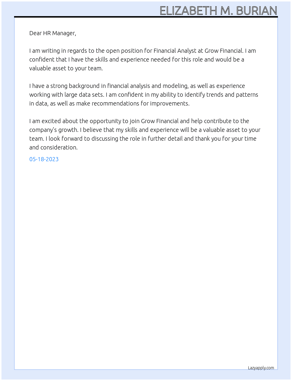 Financial Analyst At Grow Financial Cover Letter