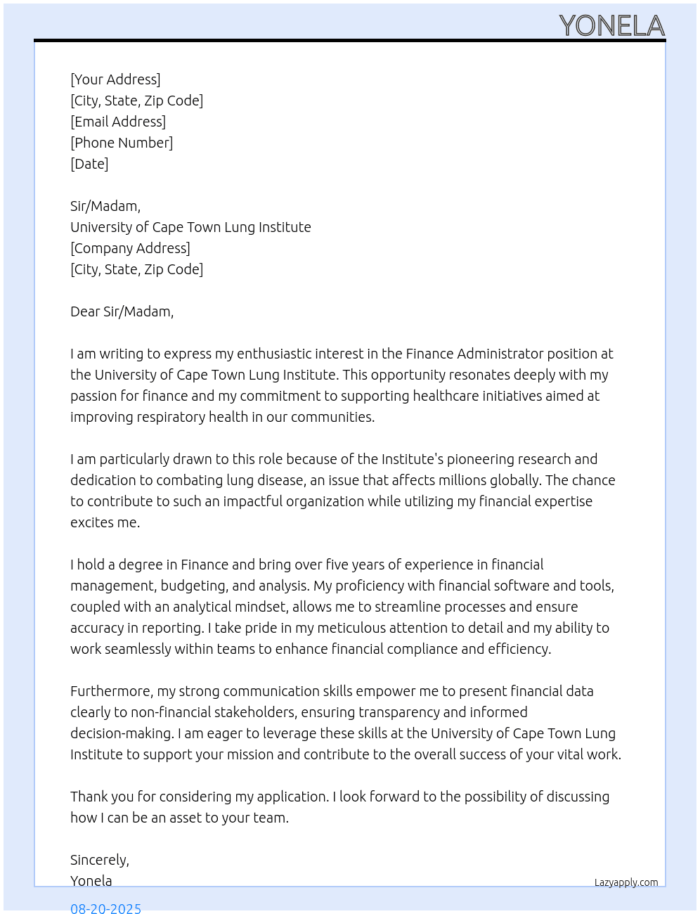 Finance Administrator At University of Cape Town Lung Institute  Cover Letter