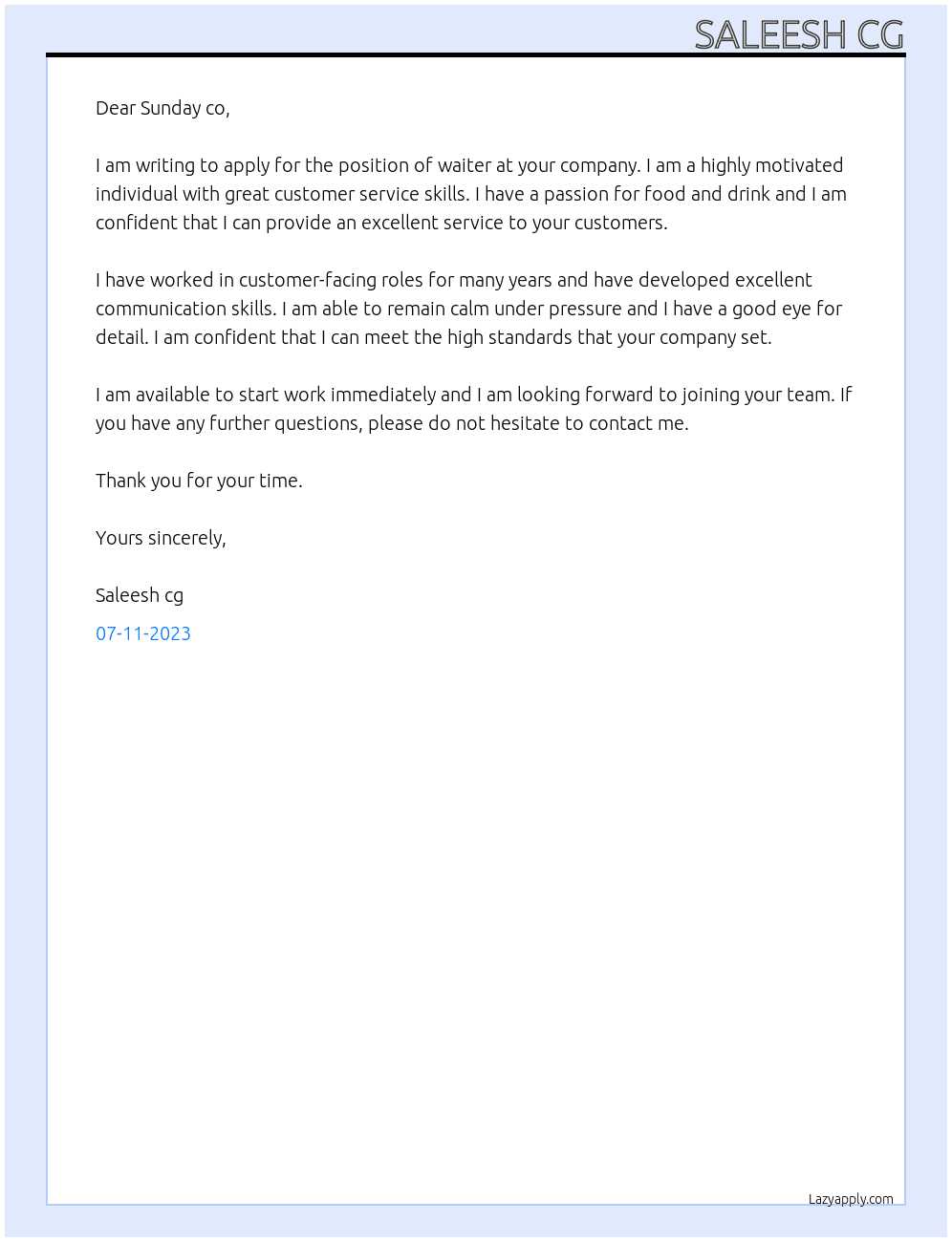 Waiter At Sunday co Cover Letter