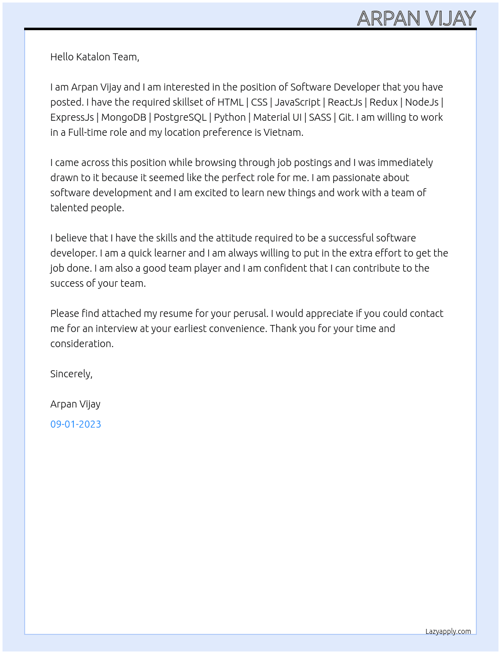Software Developer  At Katalon Cover Letter