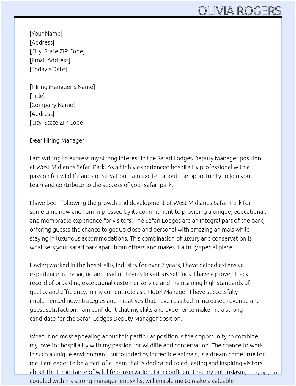 Safari Lodges Deputy Manager At West Midlands Safari Park Cover Letter