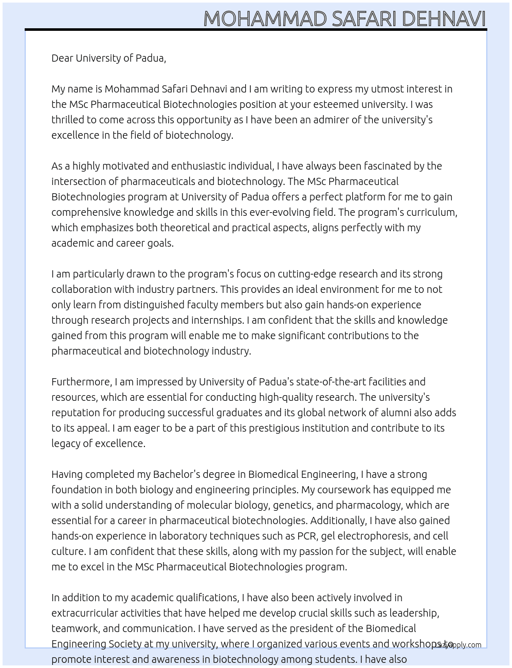 msc Pharmaceutical Biotechnologies At university of padua Cover Letter
