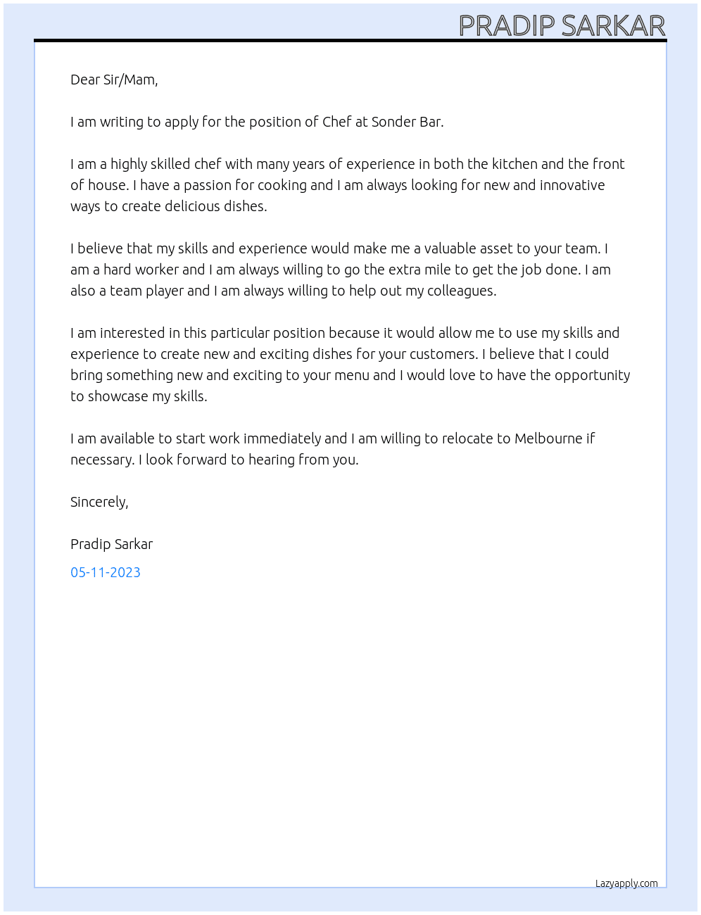 Chef At Sonder Bar Cover Letter