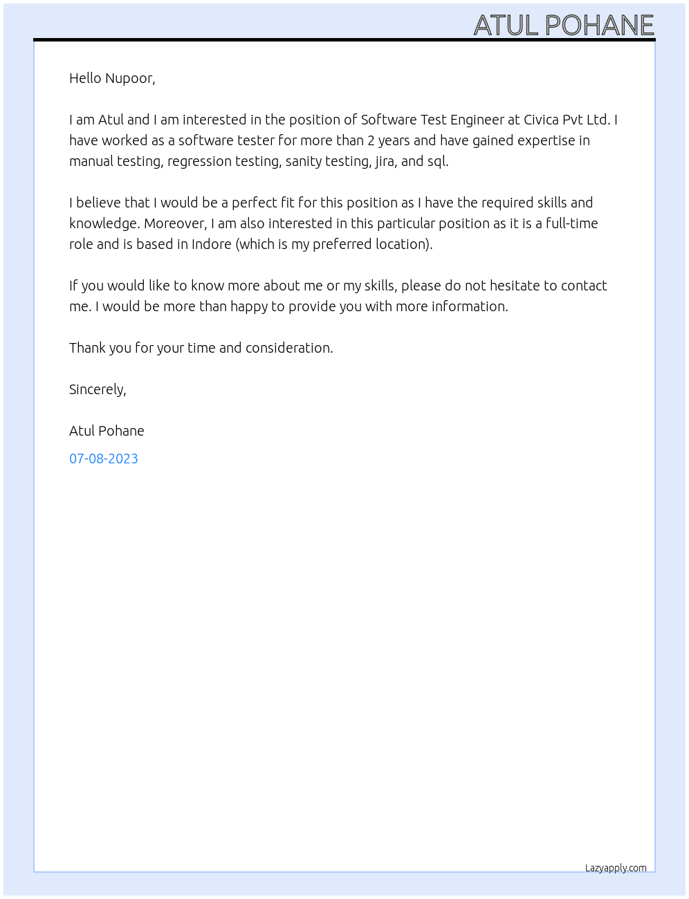 Software Test Engineer  At Civica Pvt Ltd Cover Letter