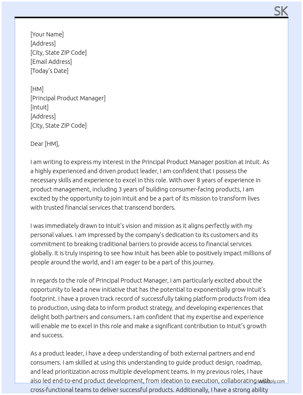 Principal Product Manager At Intuit Cover Letter