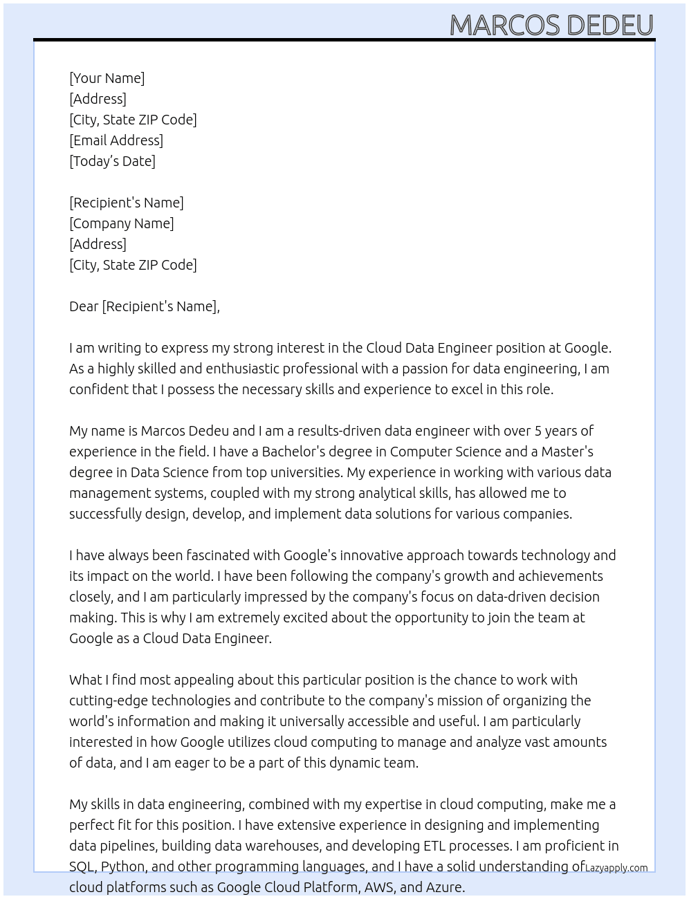 Cloud Data Engineer At Google Cover Letter