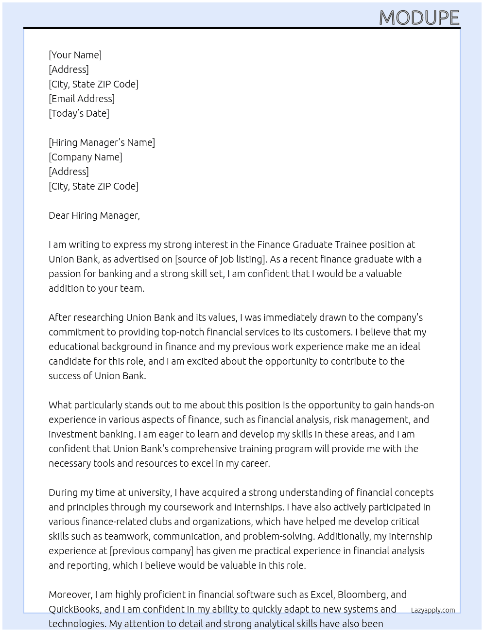 Finance graduate trainee At Union bank Cover Letter