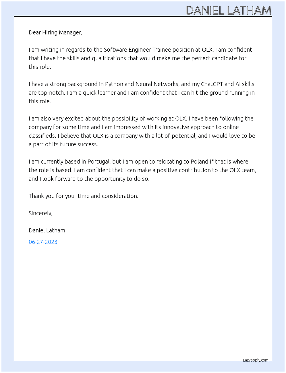 Software Engineer Trainee At OLX Cover Letter