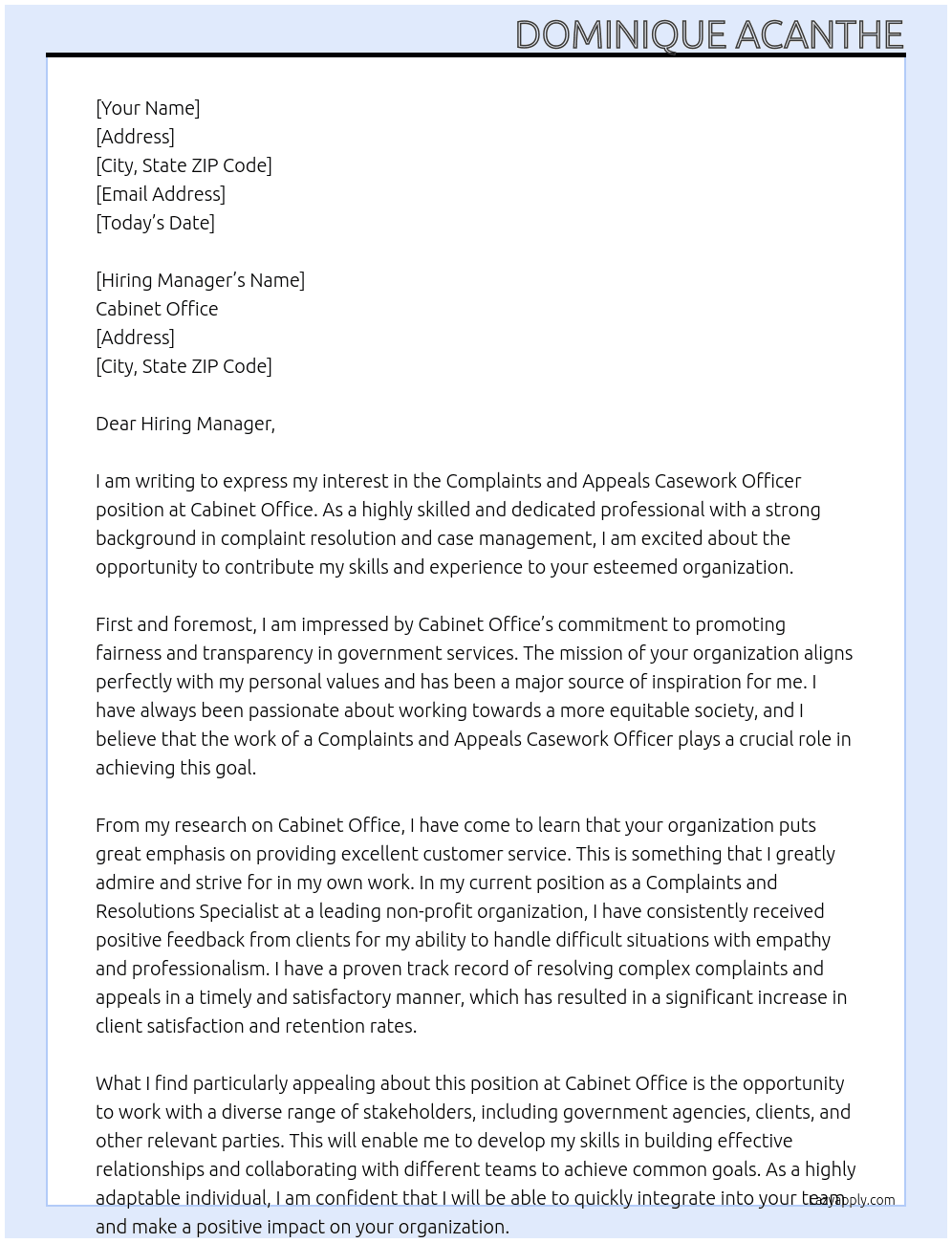 Complaints and Appeals Casework Officer At Cabinet Office Cover Letter