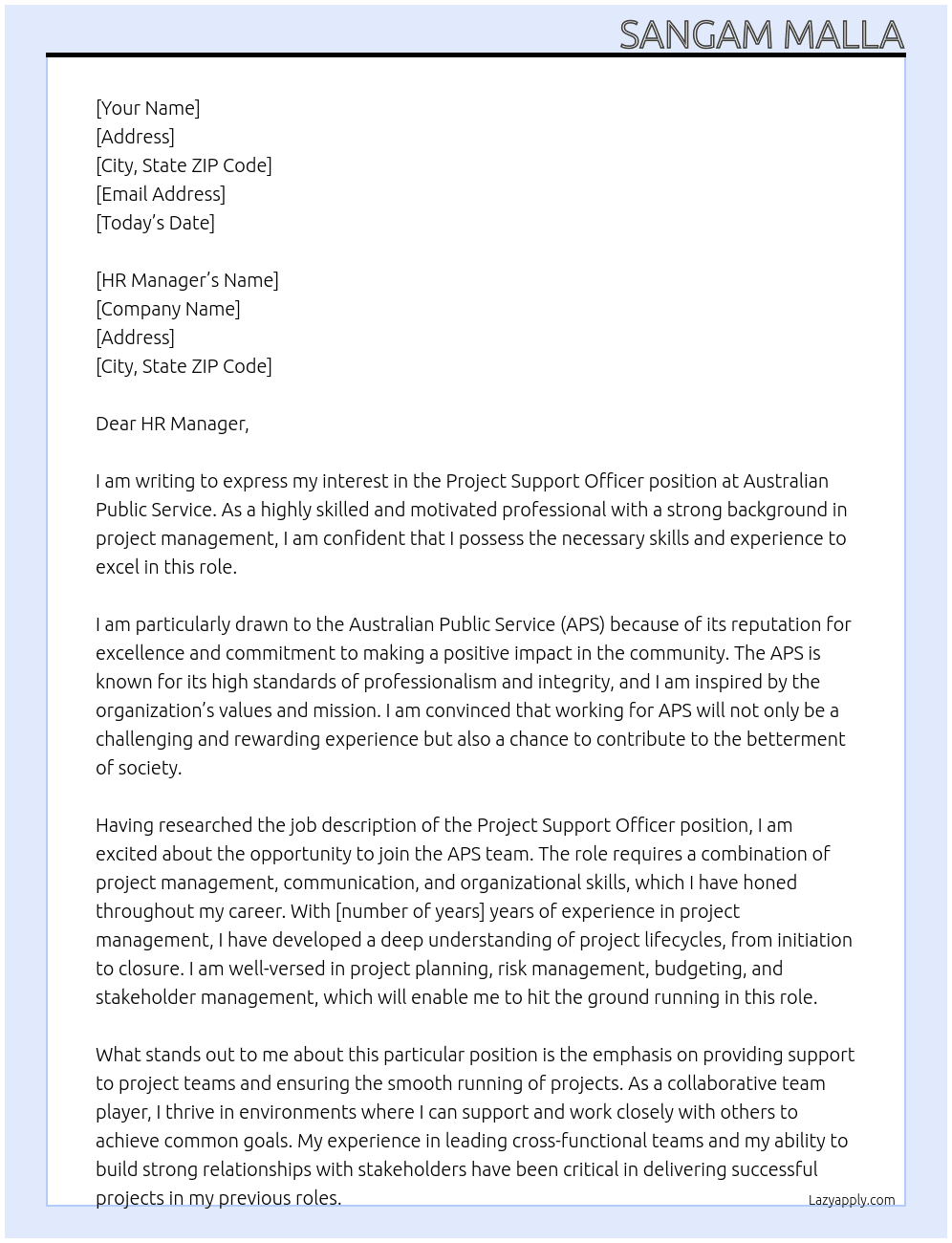 project support officer At australian public service Cover Letter
