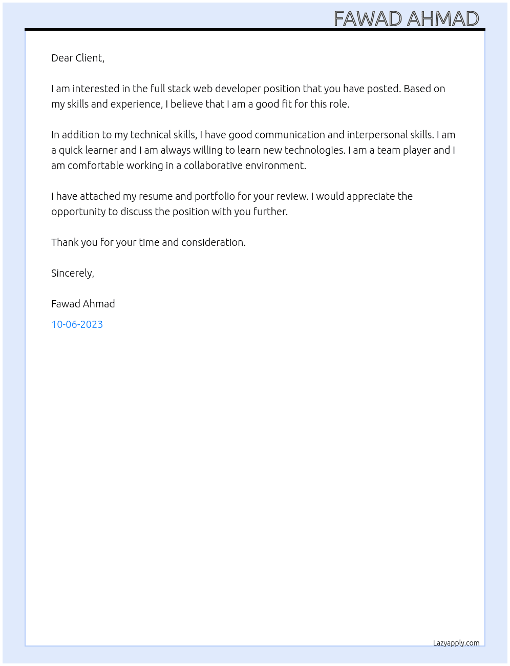 full stack web developer At Client  Cover Letter