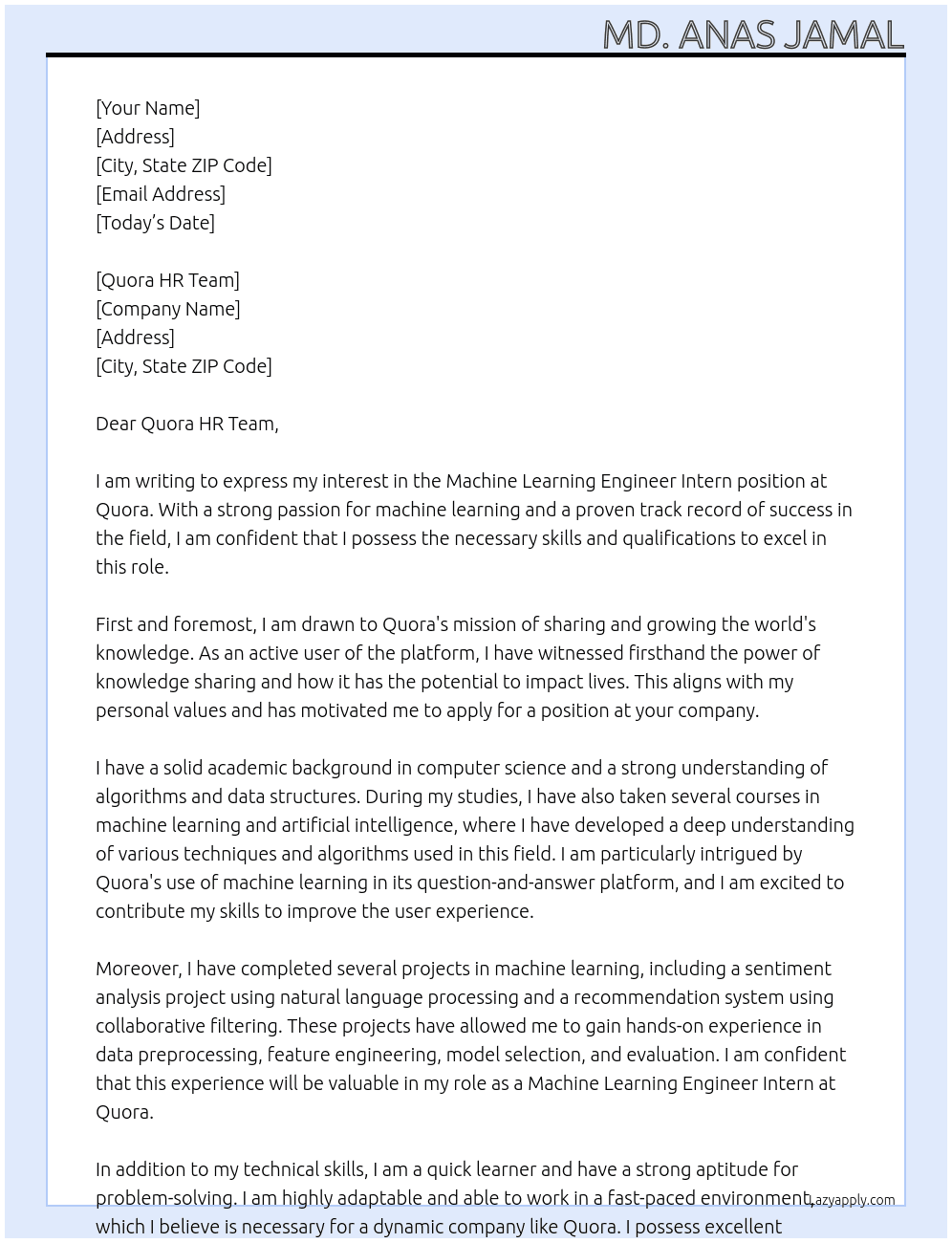 Machine Learning Engineer Intern At Quora Cover Letter