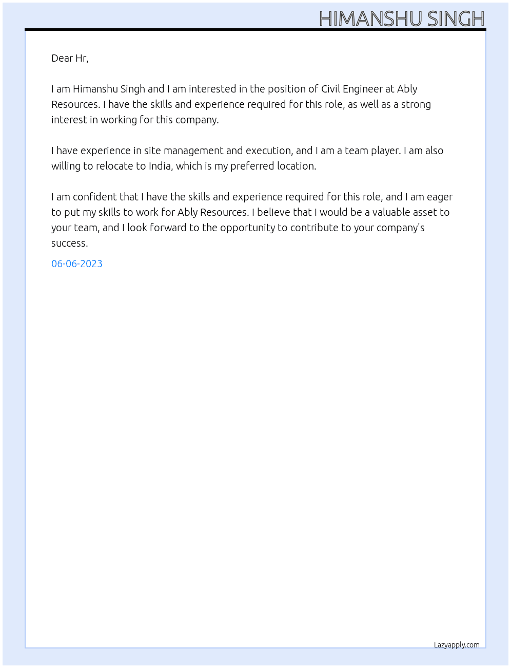 Civil Engineer  At Ably RESOURCES  Cover Letter