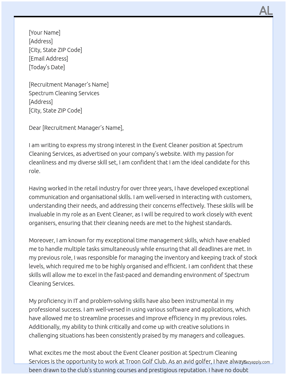 Event Cleaner At Spectrum Cleaning Services Cover Letter