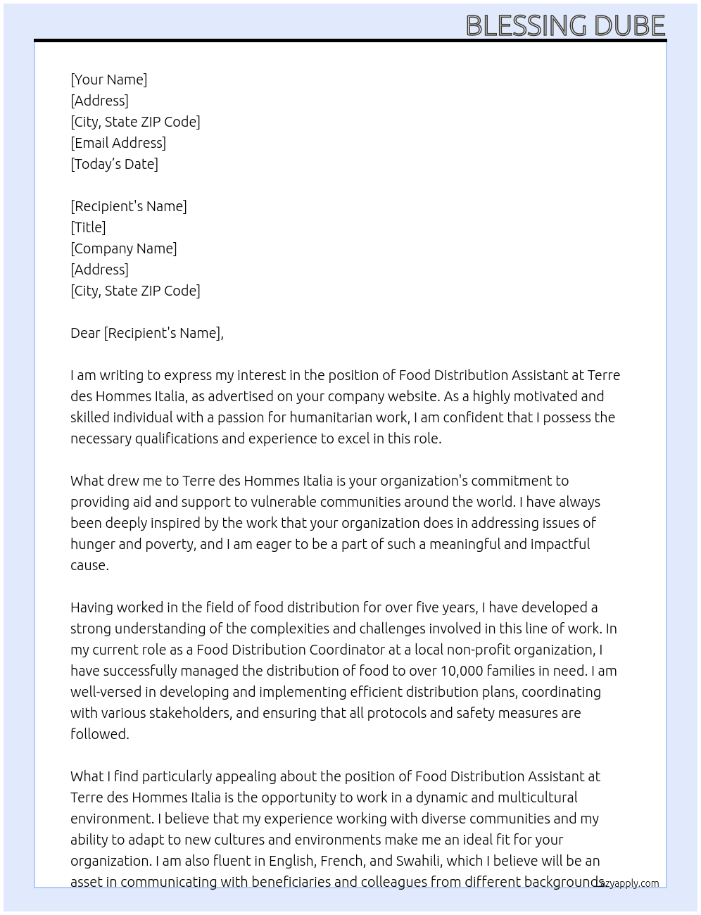 Food Distribution Assistant  At Terre des Hommes Italia Cover Letter
