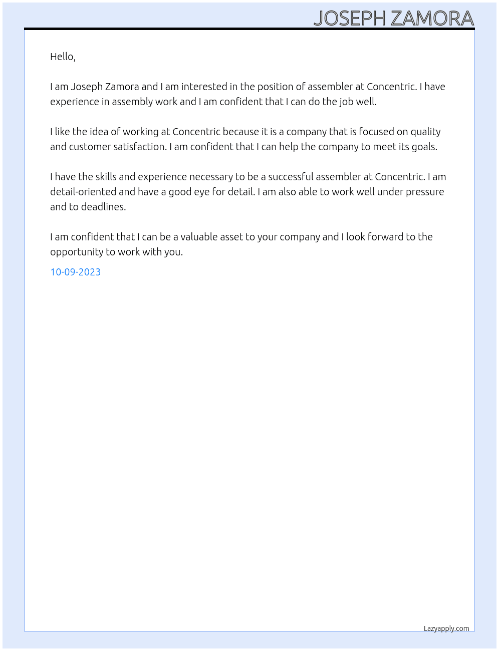 assembler At concentric Cover Letter
