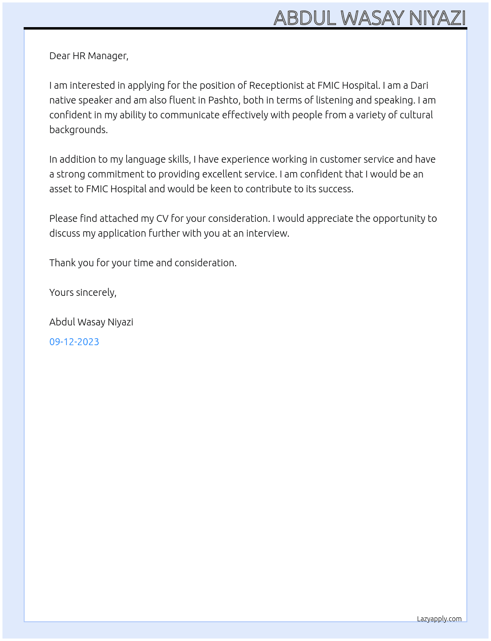Receptionest At FMIC Hospital Cover Letter