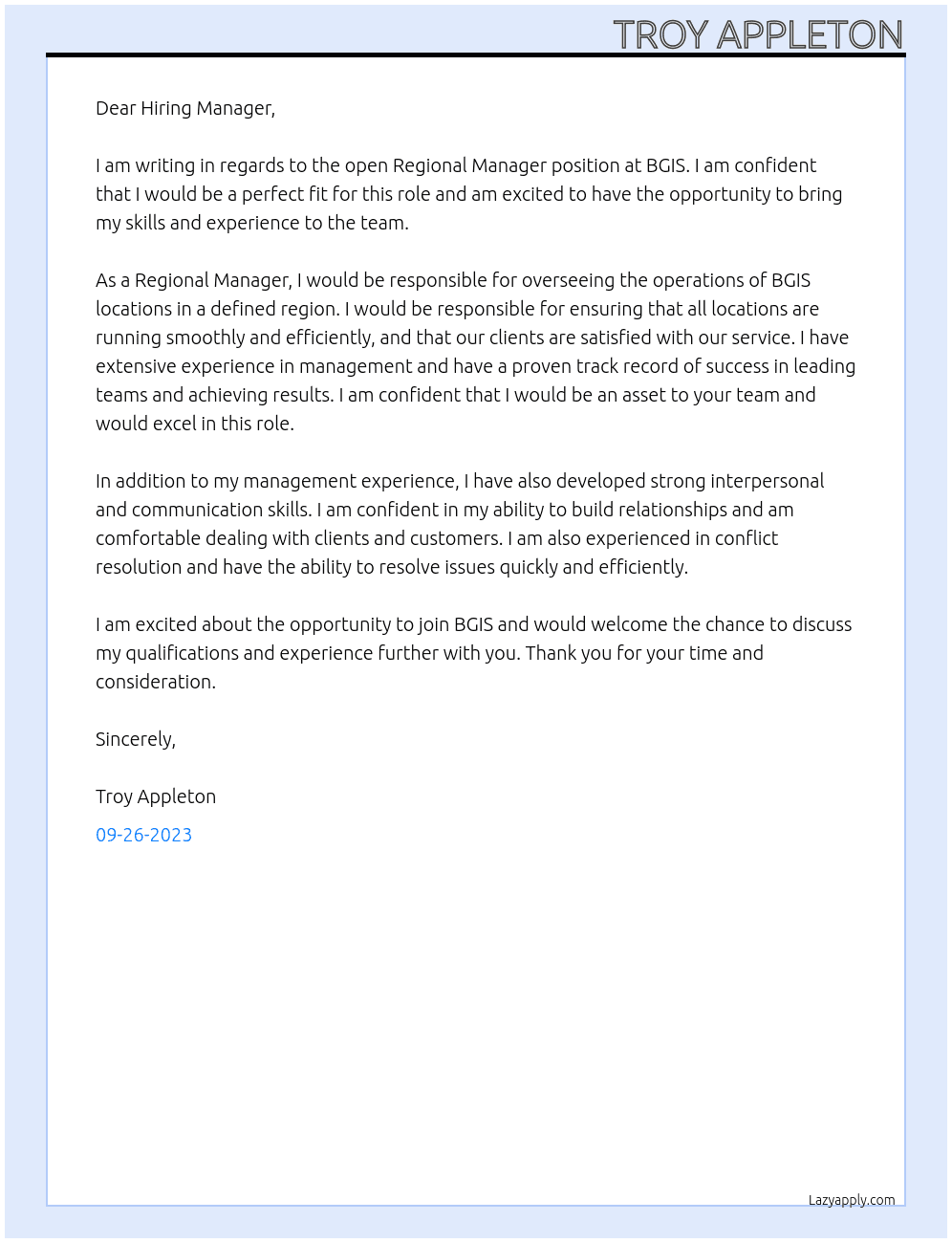 Regional Manager At BGIS Cover Letter