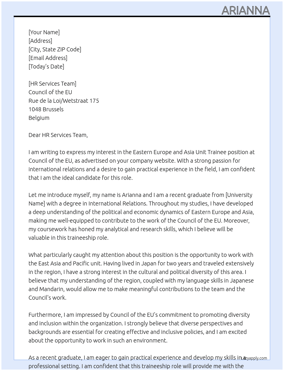 EASTERN EUROPE AND ASIA unit trainee At Council of the EU Cover Letter