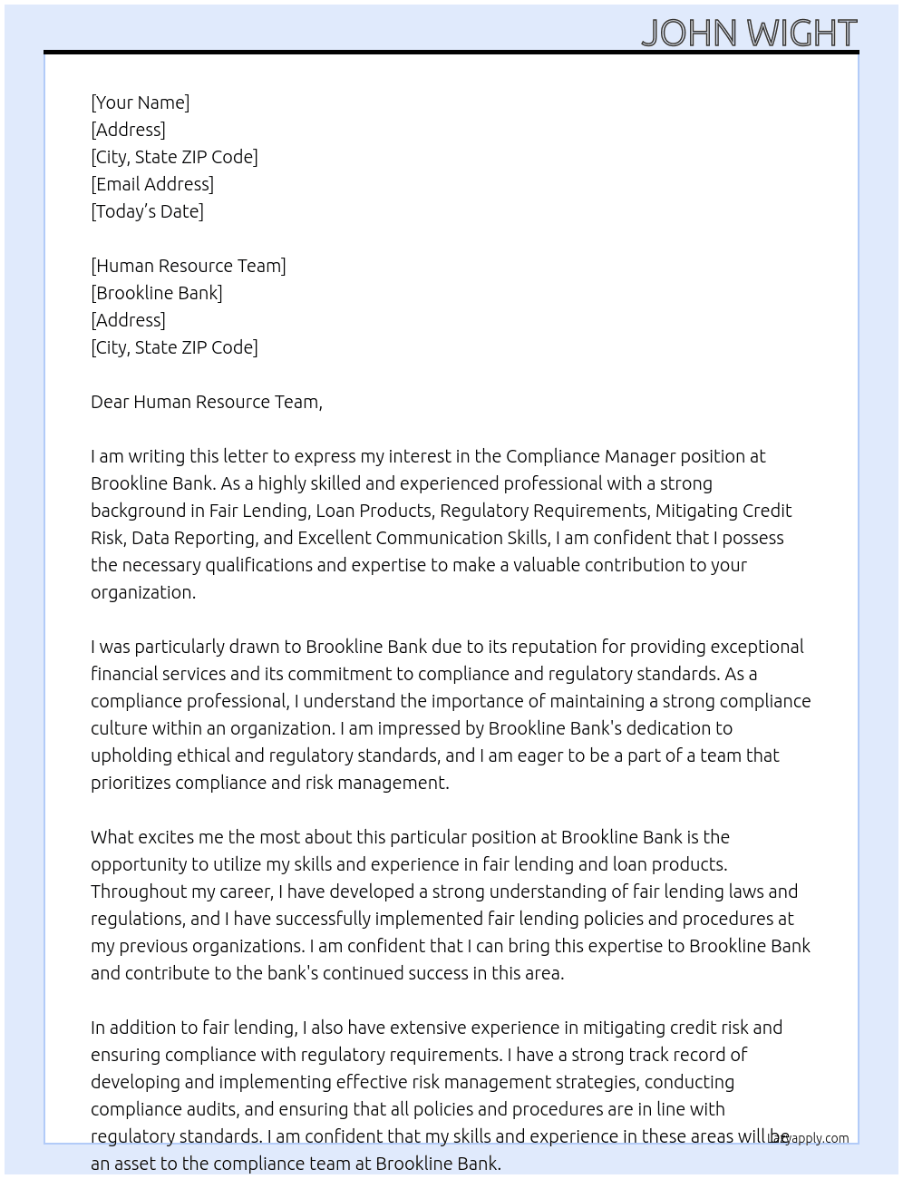 Compliance Manager At Brookline Bank Cover Letter