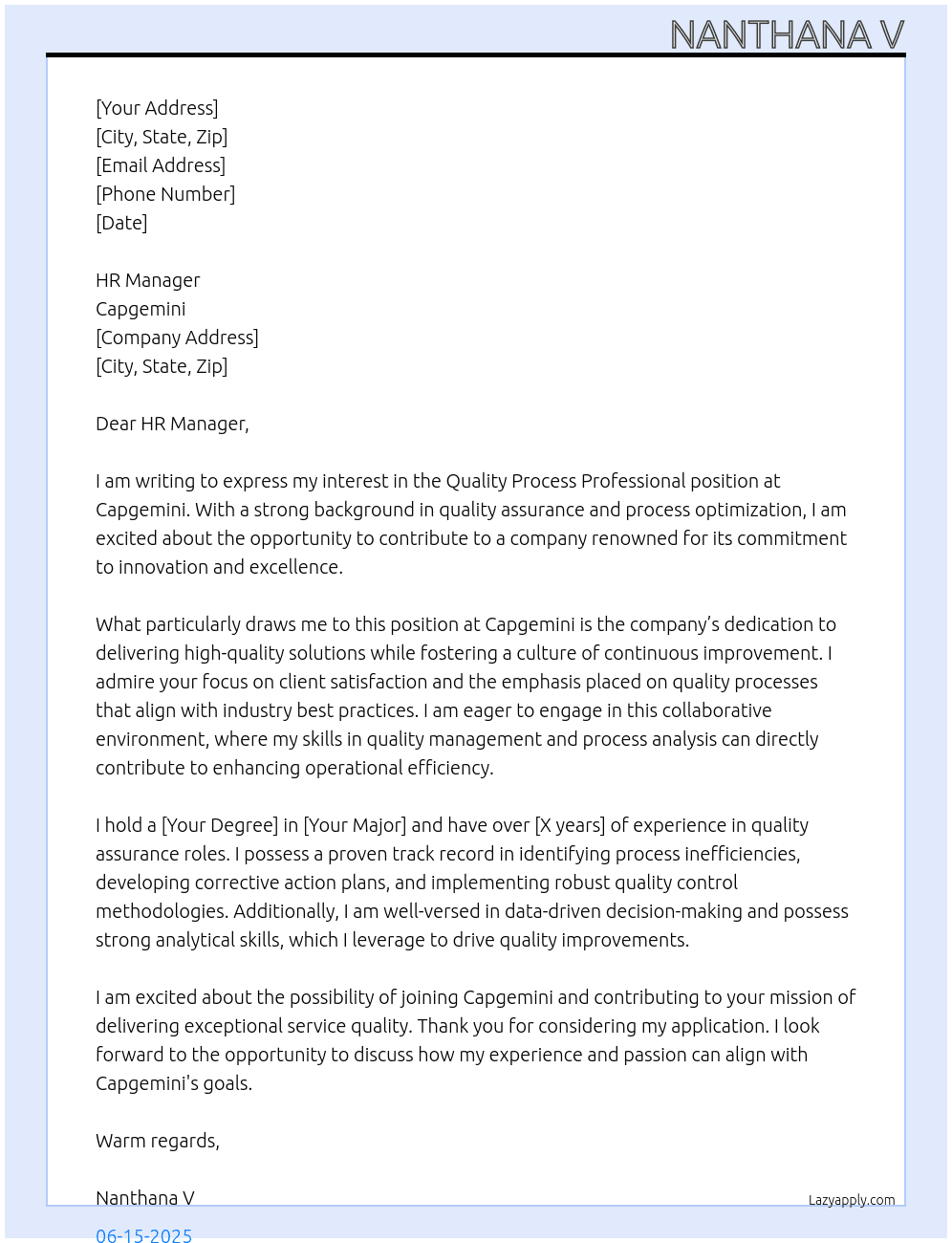 Cover letter for quality process professional - LazyApply