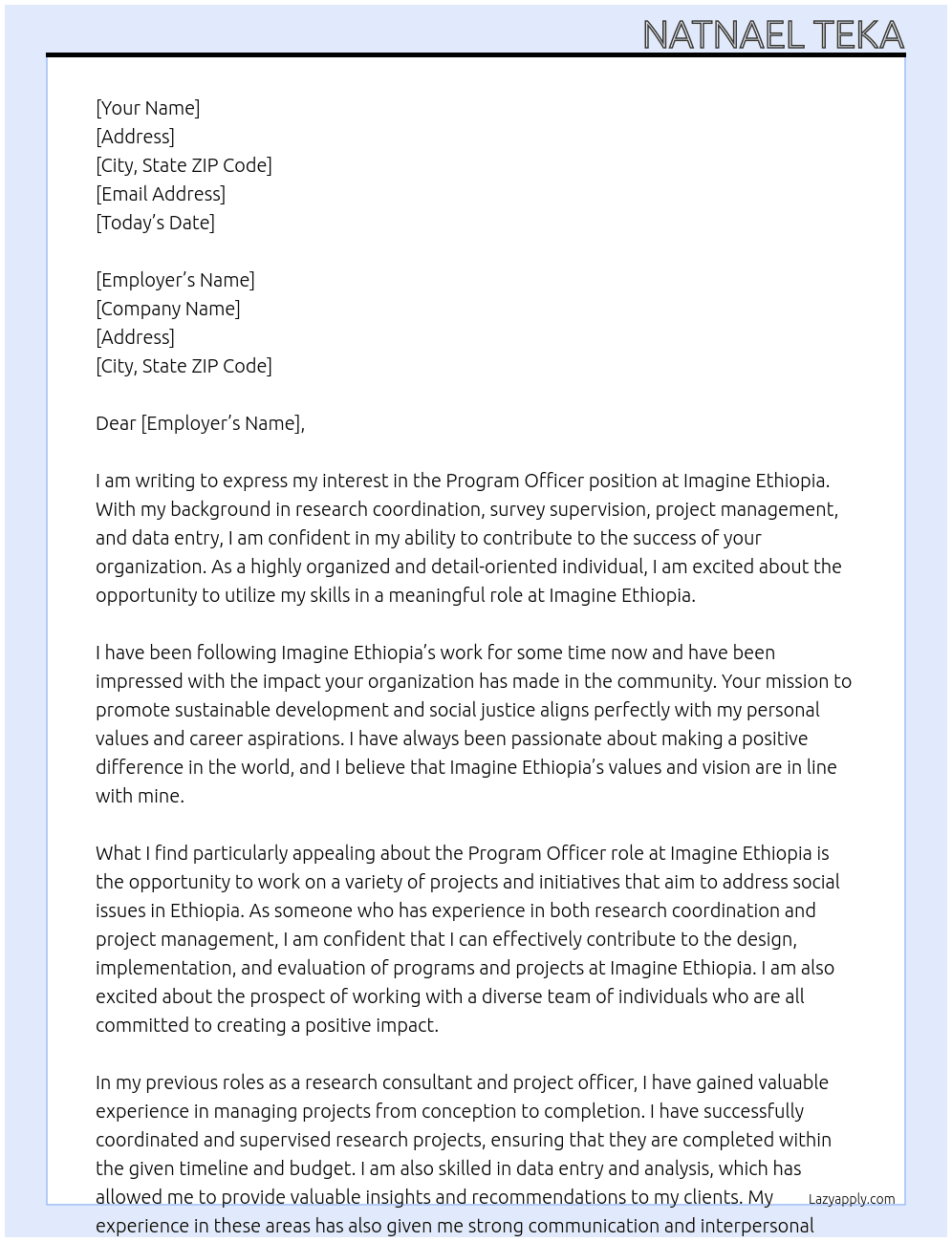 Program officer At Imagine Ethiopia  Cover Letter