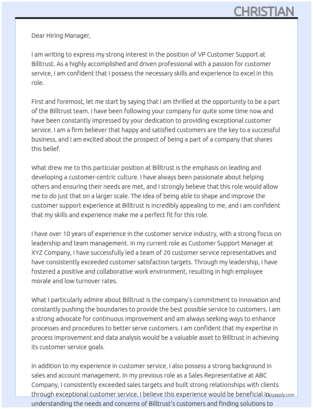 VP Customer Support At Billtrust Cover Letter