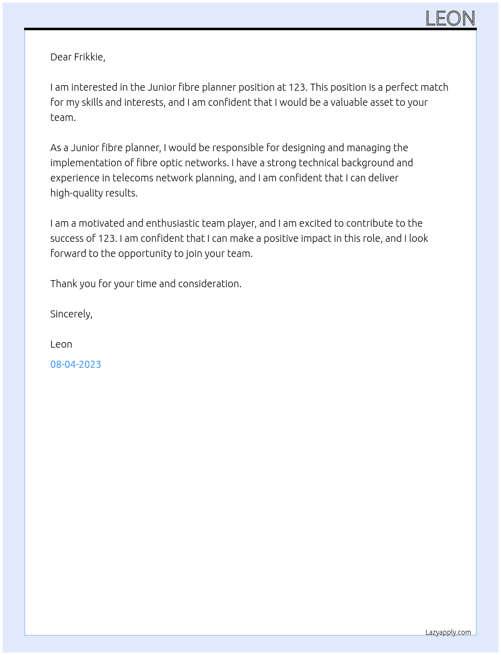 Junior fibre planner  At 123 Cover Letter