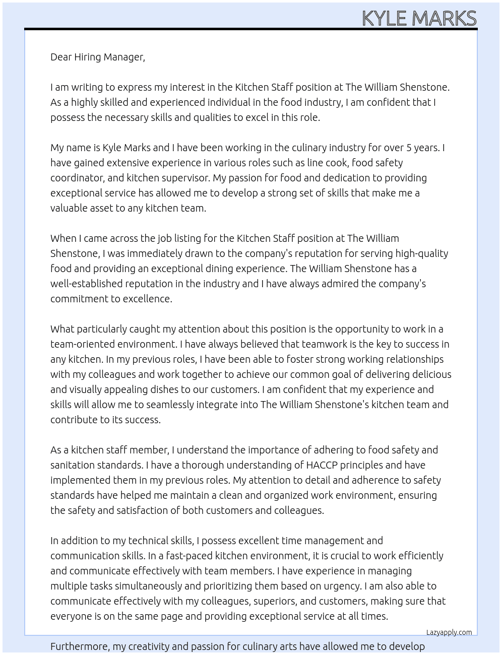 Kitchen Staff At The William Shenstone Cover Letter