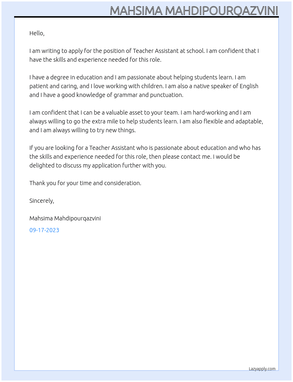 Teacher Assistant At school Cover Letter