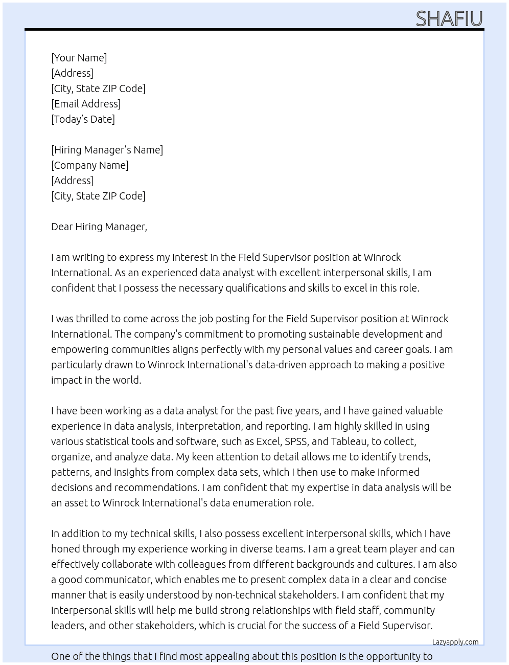 Field Supervisor At Winrock International Cover Letter