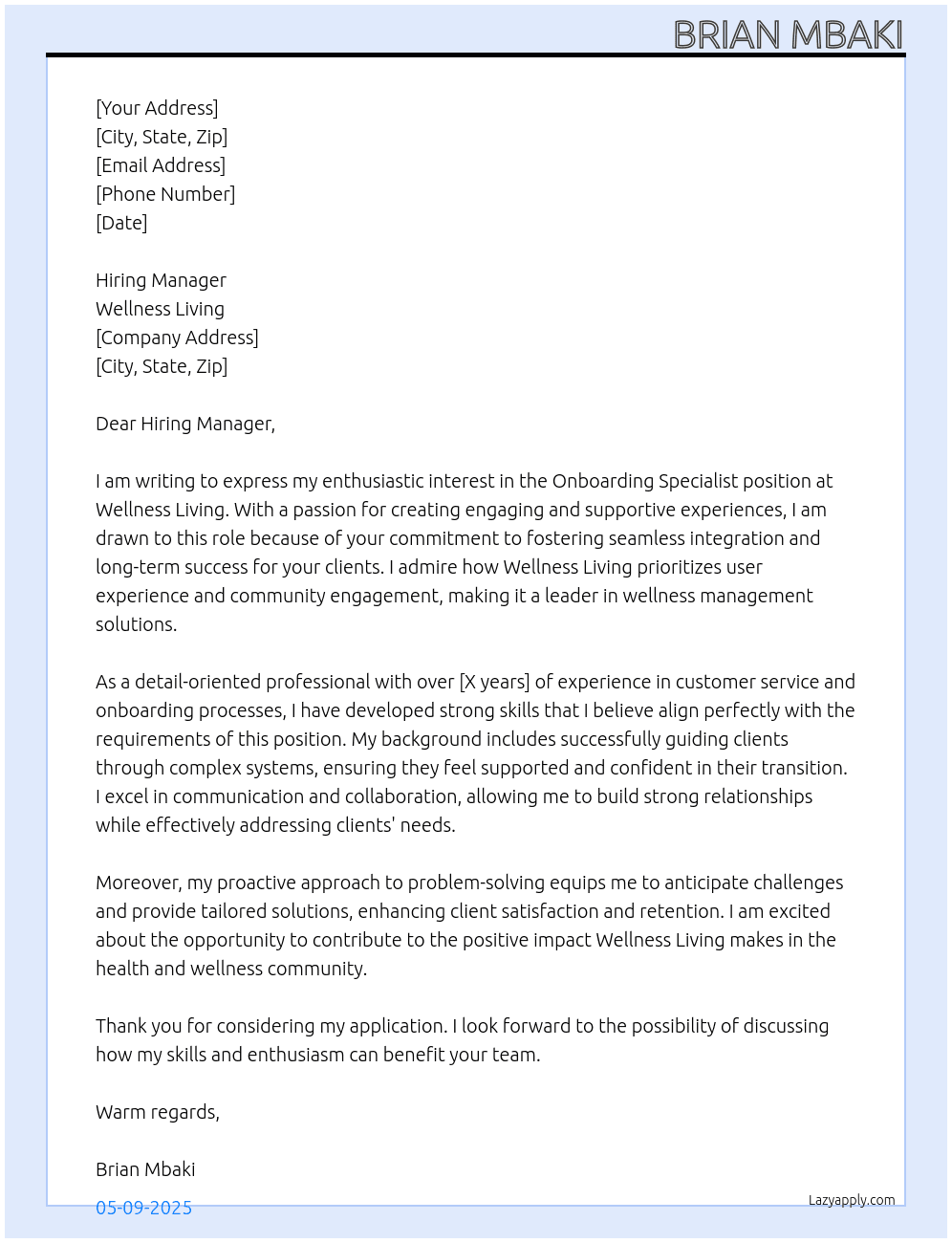 Onboarding Specialist At Wellness Living  Cover Letter