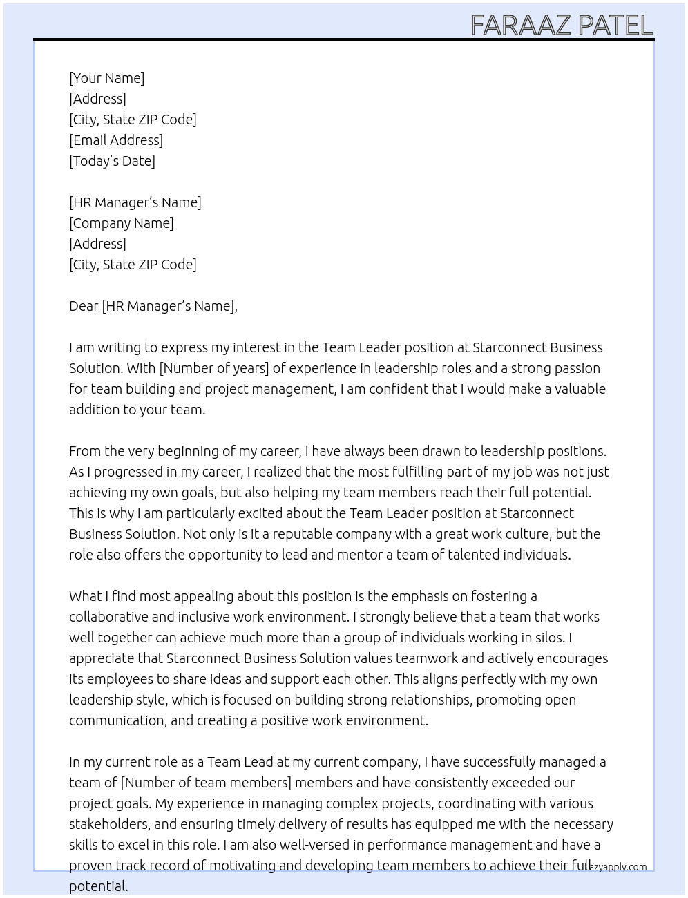Team Leader At Starconnect Business Solution Cover Letter