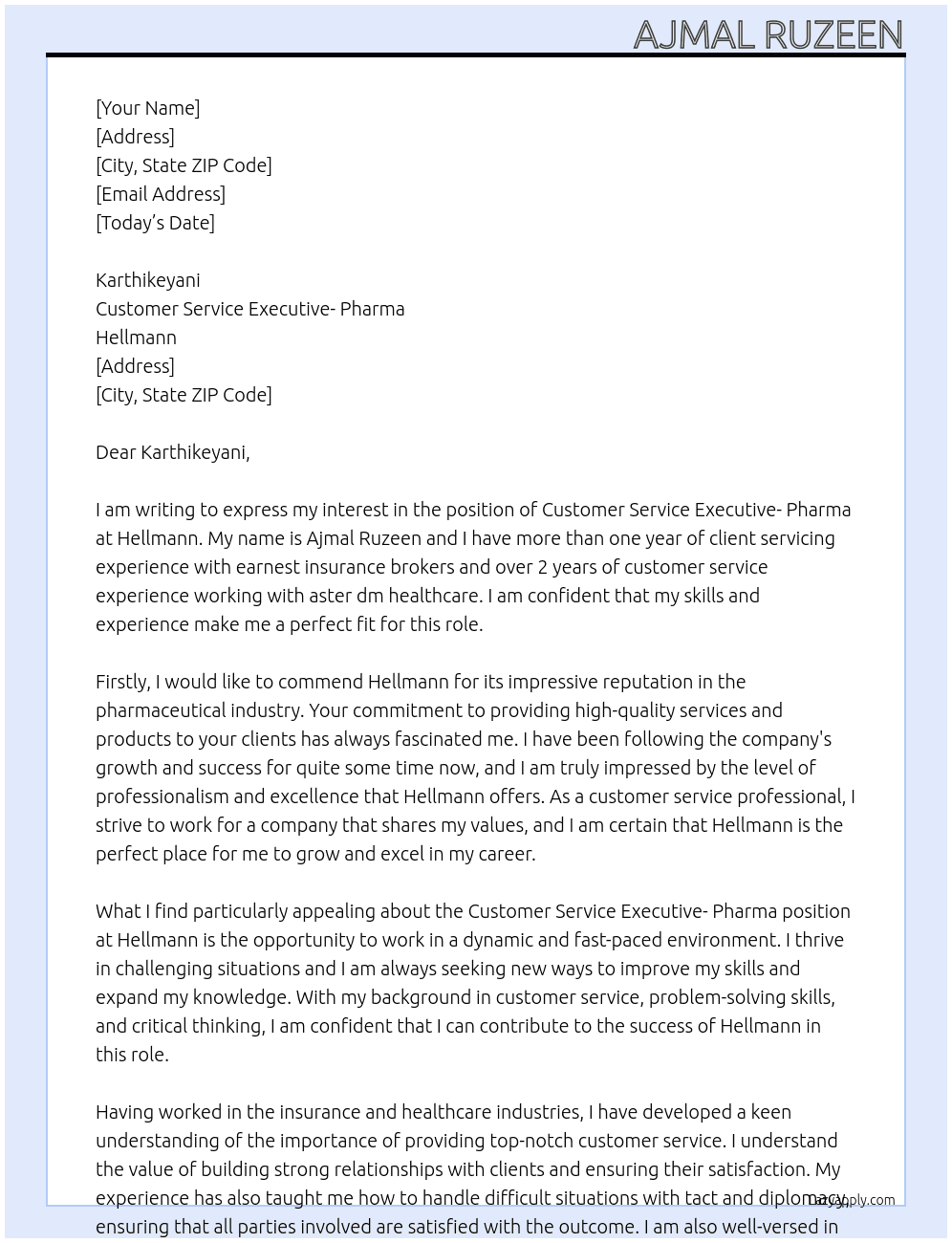 Customer service executive- pharma At Hellmann Cover Letter