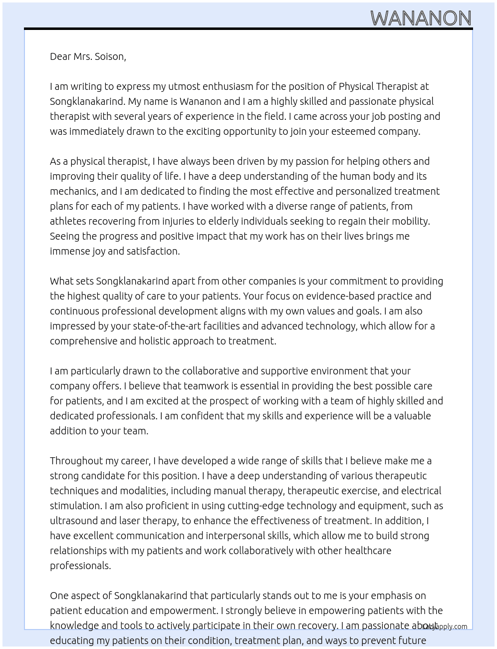 Physical therapist At Songklanakarind Cover Letter
