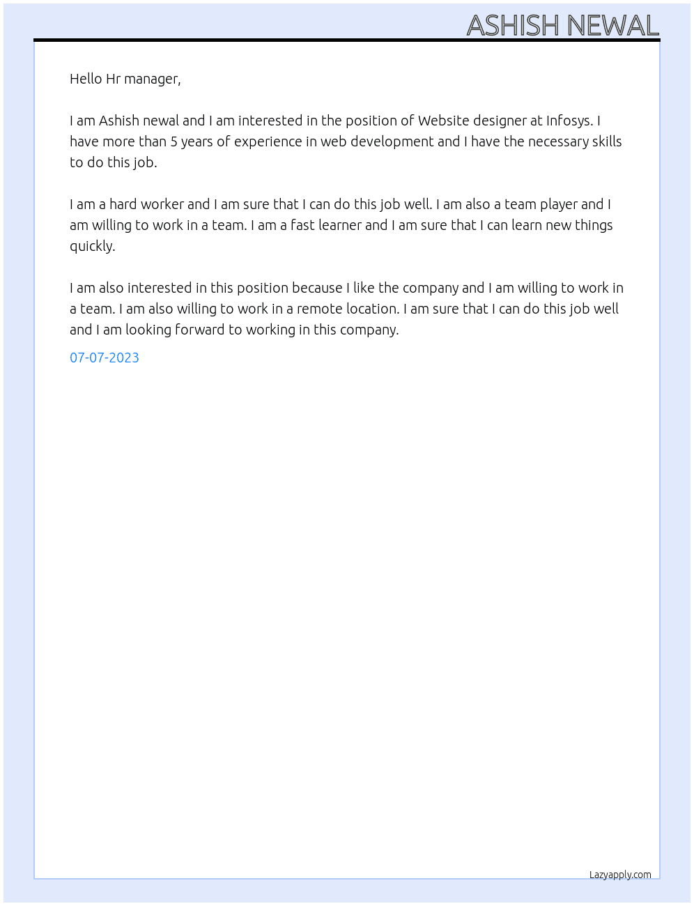 Website designer  At Infosys Cover Letter