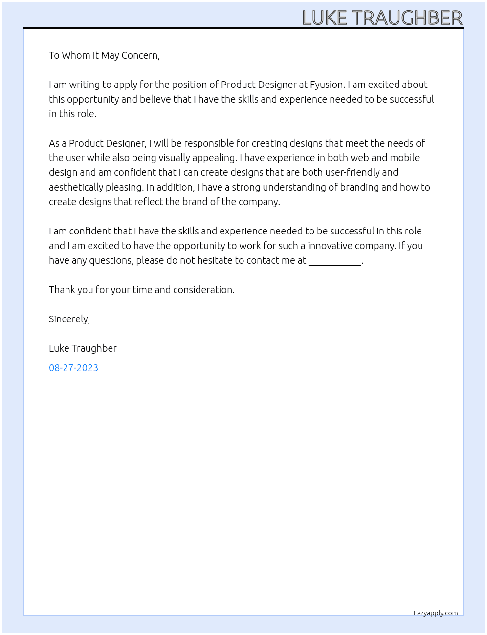 Product Designer At Fyusion Cover Letter