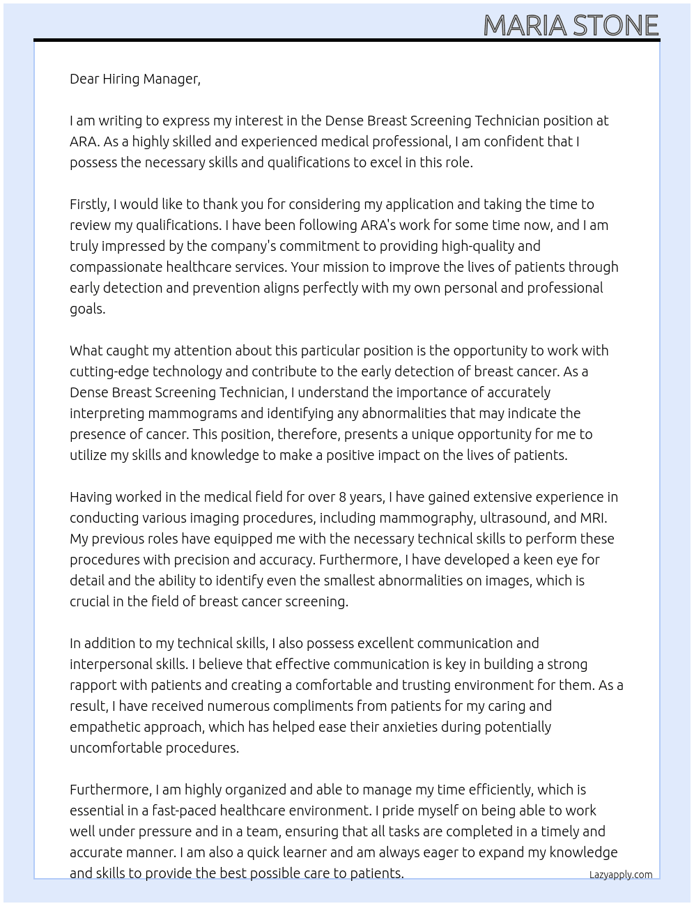 Dense Breast Screening Technician At ARA Cover Letter